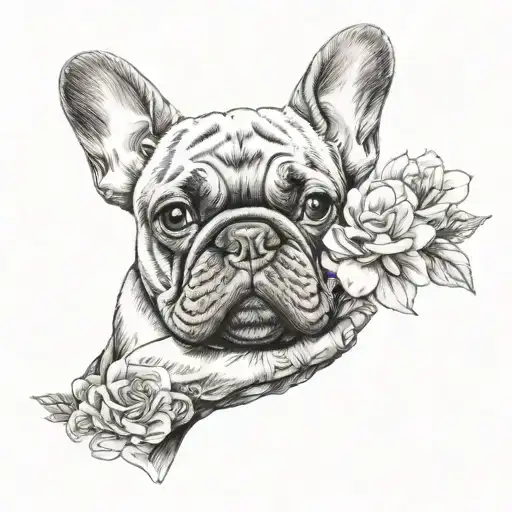 flowers french bulldog touching hand holding tattoo design idea