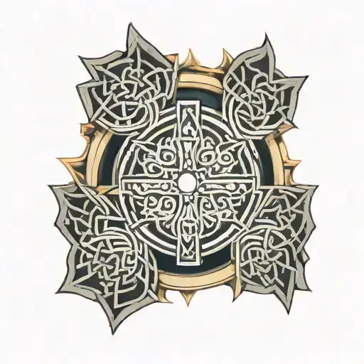 Celtic cross with circuitry knotwork and an arc reactor in the center tattoo design idea