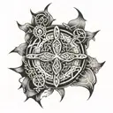 Celtic cross with circuitry knotwork and an arc reactor in the center tattoo design idea