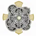 Celtic cross with circuitry knotwork and an arc reactor in the center tattoo design idea