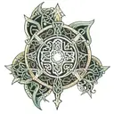 Celtic cross with circuitry knotwork and an arc reactor in the center tattoo design idea