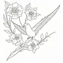include written phrase :" attached to nothing, connected to everything" , fine line, minimalistic, wings, flowers tattoo design idea