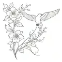 include written phrase :" attached to nothing, connected to everything" , fine line, minimalistic, wings, flowers tattoo design idea