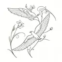 include written phrase :" attached to nothing, connected to everything" , fine line, minimalistic, wings, flowers tattoo design idea