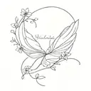 include written phrase :" attached to nothing, connected to everything" , fine line, minimalistic, wings, flowers tattoo design idea