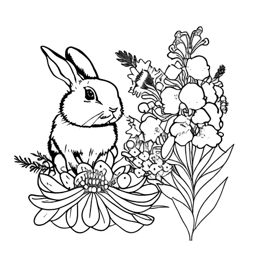 ladybug and bunny surrounded by holly and larkspur flowers tattoo design idea