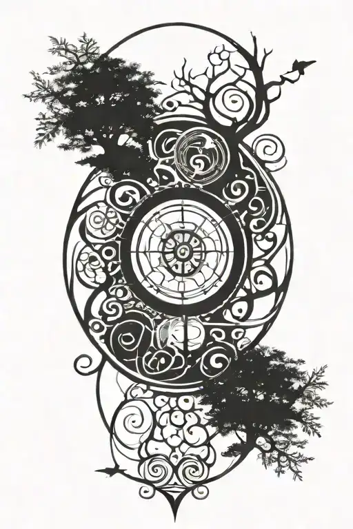 elfs and trees looking through lens tattoo design idea