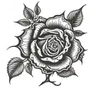 A delicate rose with thorns intertwining with a broken heart, symbolizing the beauty and pain of love tattoo design idea