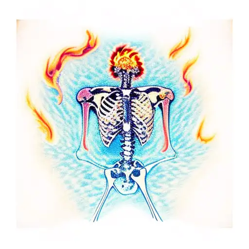 roses on fire orange flame with skeleton in front on fire with blue flame coming from inside tattoo design idea