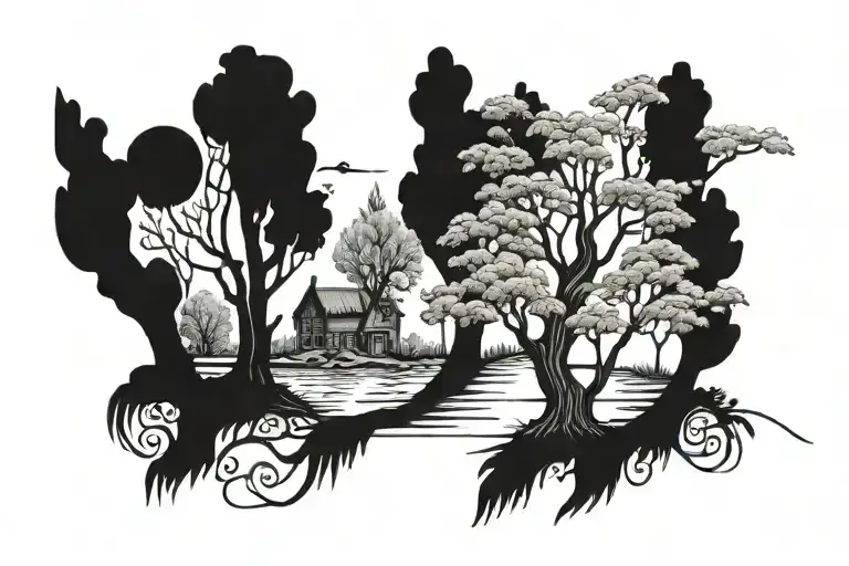 willow tree fantasy scene  tattoo design idea