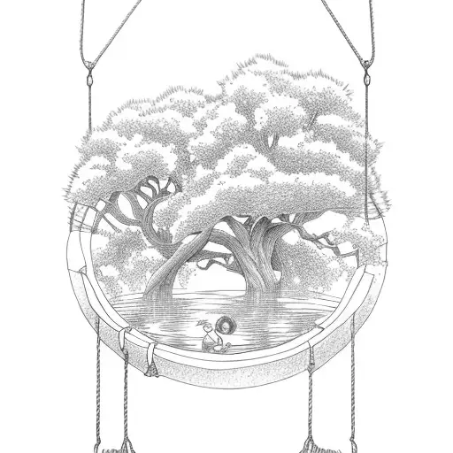 willow tree and swing with child swinging over pond tattoo design idea