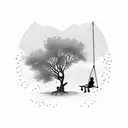willow tree and swing with child swinging over pond tattoo design idea