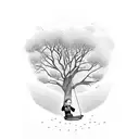 willow tree and swing with child swinging over pond tattoo design idea