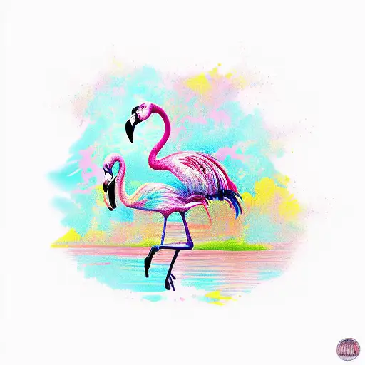 A vibrant and colorful tattoo of a flamingo dancing on a tropical island of the Bahamas tattoo design idea