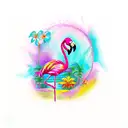 A vibrant and colorful tattoo of a flamingo dancing on a tropical island of the Bahamas tattoo design idea