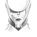 a faceless suited man with a broken halo who has two little demons on his shoulders tattoo design idea