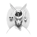 a faceless suited man with a broken halo who has two little demons on his shoulders tattoo design idea