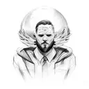 a faceless suited man with a broken halo who has two little demons on his shoulders tattoo design idea