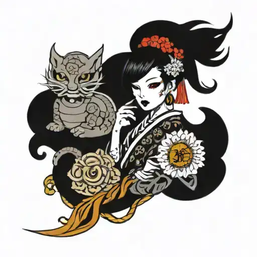 toki doki girl with dragon tatto holding geisha mask with buddha temple behind her with yin yang symbol as sun tattoo design idea