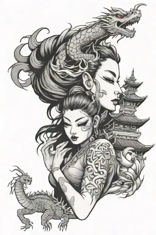 toki doki girl with dragon tatto holding geisha mask with buddha temple behind her with yin yang symbol as sun tattoo design idea