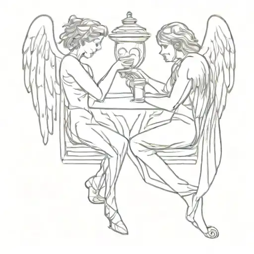 We need a picture where an angel and a demon are playing Russian roulette and sitting at the table opposite each other tattoo design idea