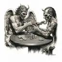 An angel and demon playing Russian roulette at a table facing each other tattoo design idea