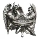 An angel and demon playing Russian roulette at a table facing each other tattoo design idea