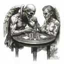 An angel and demon playing Russian roulette at a table facing each other tattoo design idea