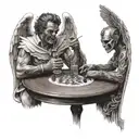 An angel and demon playing Russian roulette at a table facing each other tattoo design idea