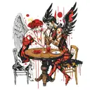 An angel and demon playing Russian roulette at a table facing each other tattoo design idea