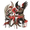 An angel and demon playing Russian roulette at a table facing each other tattoo design idea