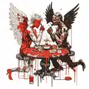 An angel and demon playing Russian roulette at a table facing each other tattoo design idea