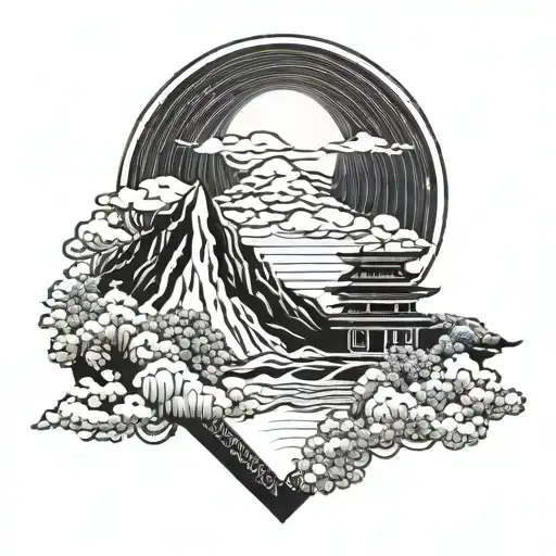 A geometric pattern incorporating elements of Japanese architecture and a mountain range, with the moon as a focal point tattoo design idea