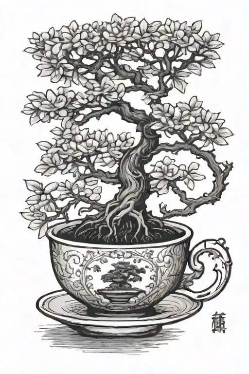 normal sized bonsai tree growing out of a small vintage teacup tattoo design idea