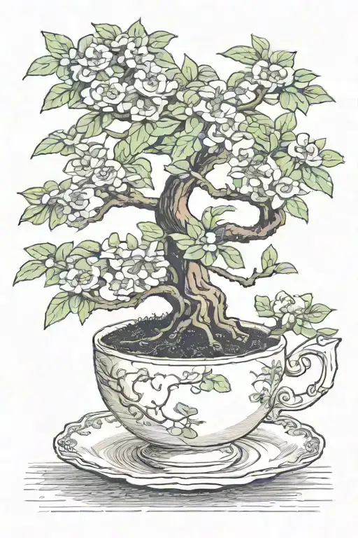 bonsai tree growing out of a vintage tea cup tattoo design idea
