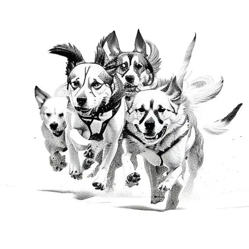 A pack of dogs running freely in an open field tattoo design idea