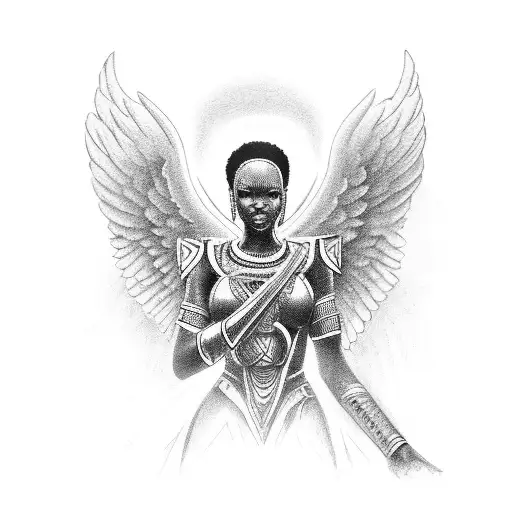 female african warrior angel on one knee near water tattoo design idea