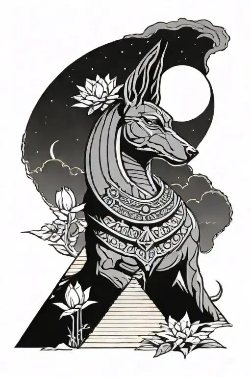 Anubis standing in front of a pyramid under a half moon half sunset surrounded by Egyptian lotus flowers tattoo design idea
