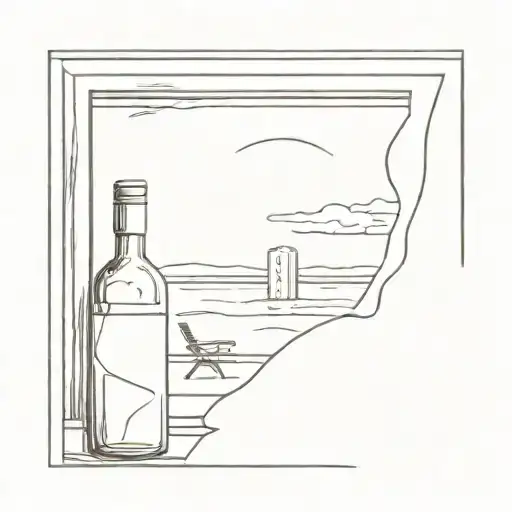 Hotel room with wine bottle looking out a window to a beach  tattoo design idea