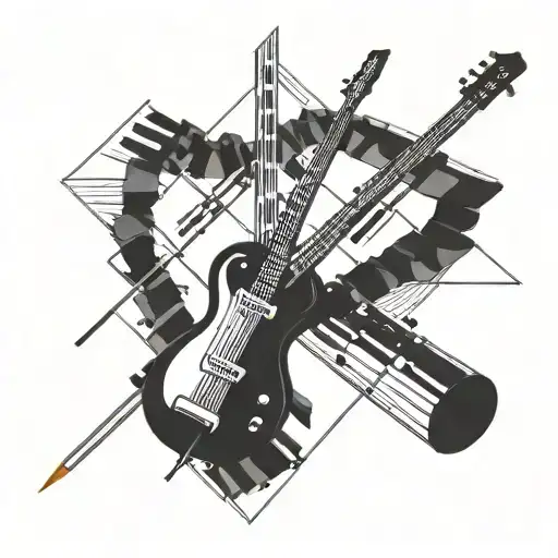 Incorporate drumsticks and musical notes into a geometric design inspired by quantum computers tattoo design idea