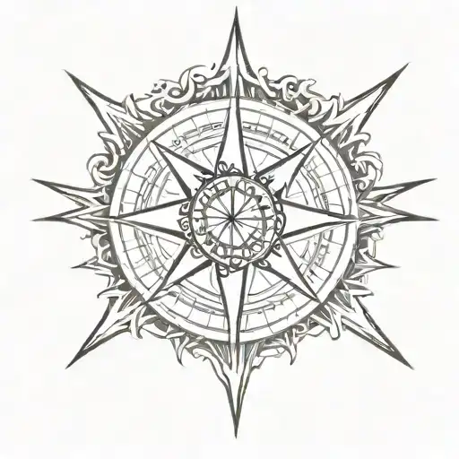 a compass rose with sun. in the middle the Celtic symbol of infinity and a heart overlapping tattoo design idea