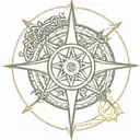 a compass rose with sun. in the middle the Celtic symbol of infinity and a heart overlapping tattoo design idea