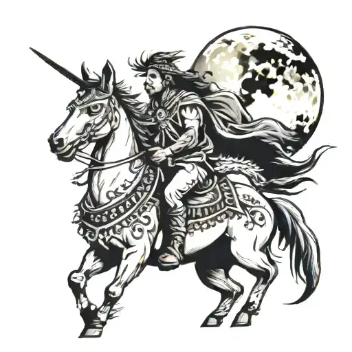 indian on horse, full moon, prairie, wolf tattoo design idea