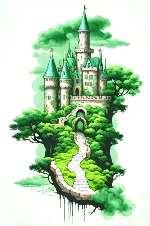 Castle in green mist with a path towards the wrist tattoo design idea