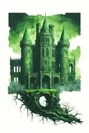 Big dark souls castle with many windows in green mist shadow with a path towards the wrist tattoo design idea