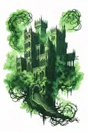 Big dark souls castle with many windows in green mist shadow with a path towards the wrist tattoo design idea