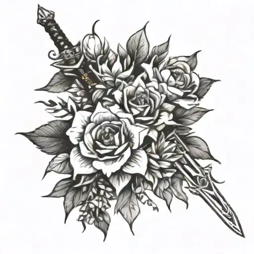 A beautiful anime-inspired flower bouquet with a hidden sword among the petals tattoo design idea