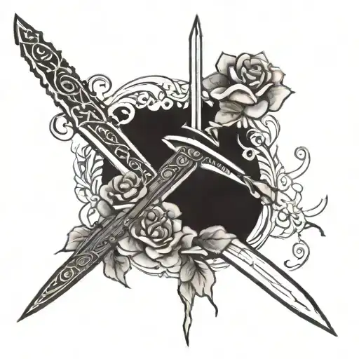 A beautiful anime-inspired sword with roses twirling around the sword  tattoo design idea