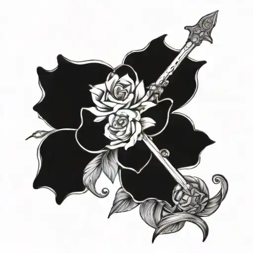 A beautiful anime-inspired flower bouquet with a hidden sword among the petals tattoo design idea