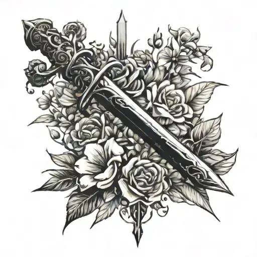 A beautiful anime-inspired flower bouquet with a hidden sword among the petals tattoo design idea